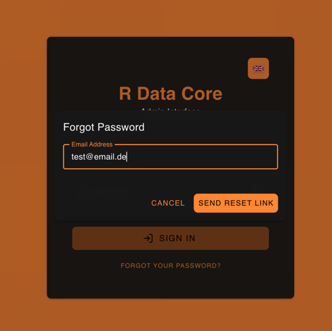 Forgot Password dialog powered by the seeded password_reset system template