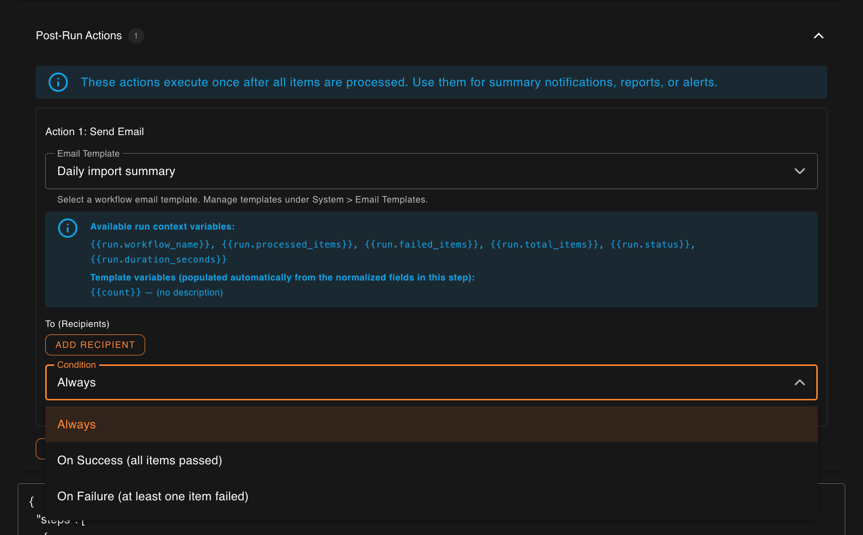 Post-Run Send Email action with run context variables and condition selector