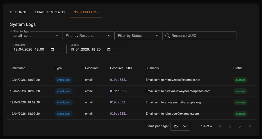 System Logs tab filtered to email_sent entries