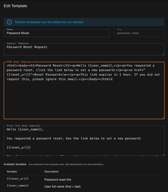 Editing the Password Reset system template with auto-detected Handlebars variables