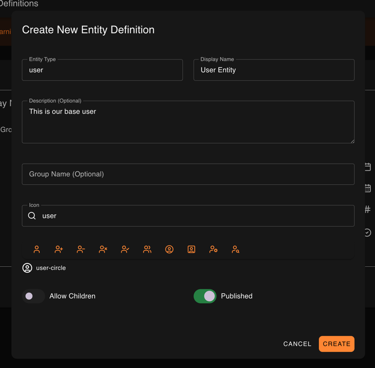 Creating a new entity definition for Users