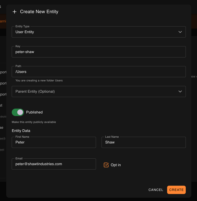 Creating a new entity instance manually