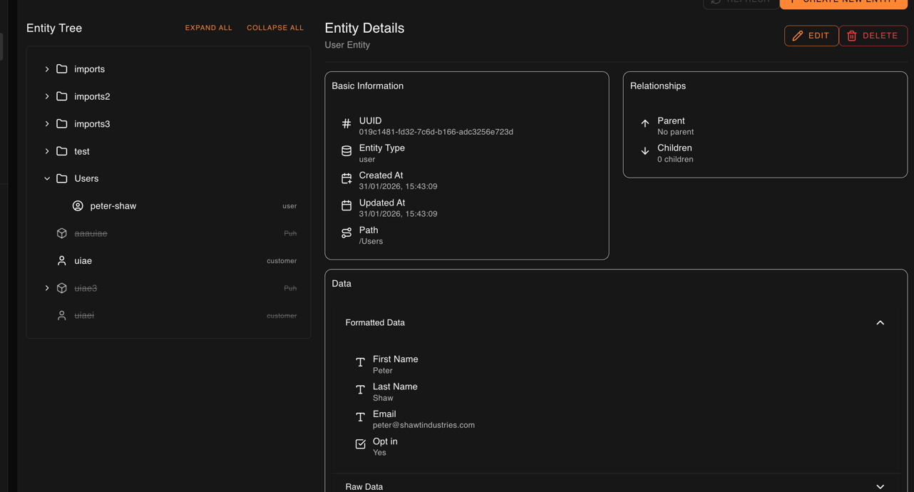 User entity with populated data fields