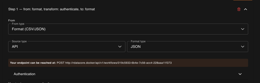 Workflow FROM step configuration with API source and JSON format