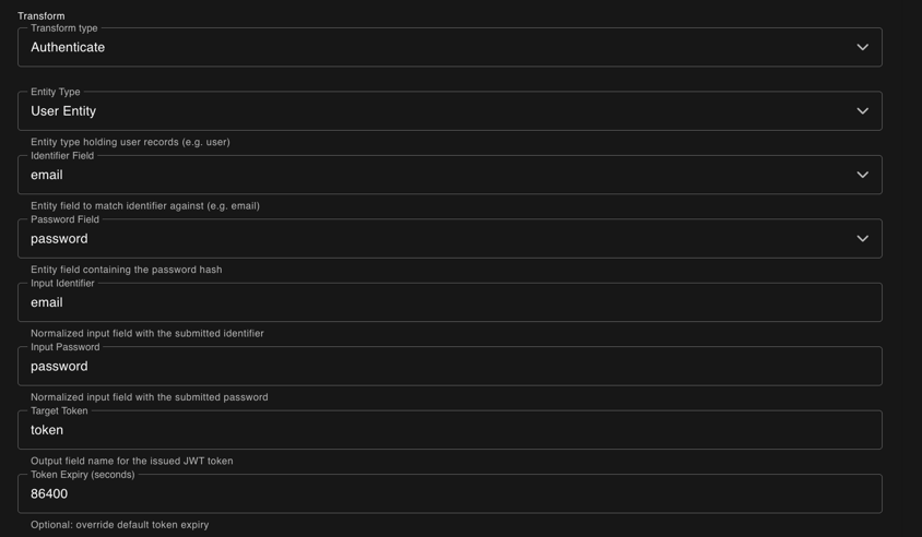 Authenticate transform configuration with entity type, identifier and password fields