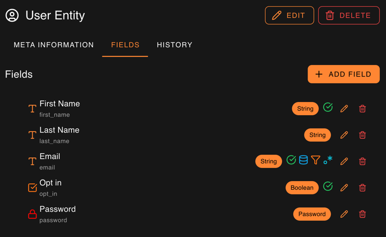 User entity definition with Password field for headless authentication
