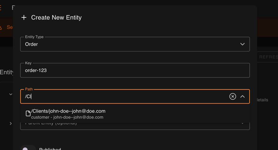 Path autocomplete showing existing entities